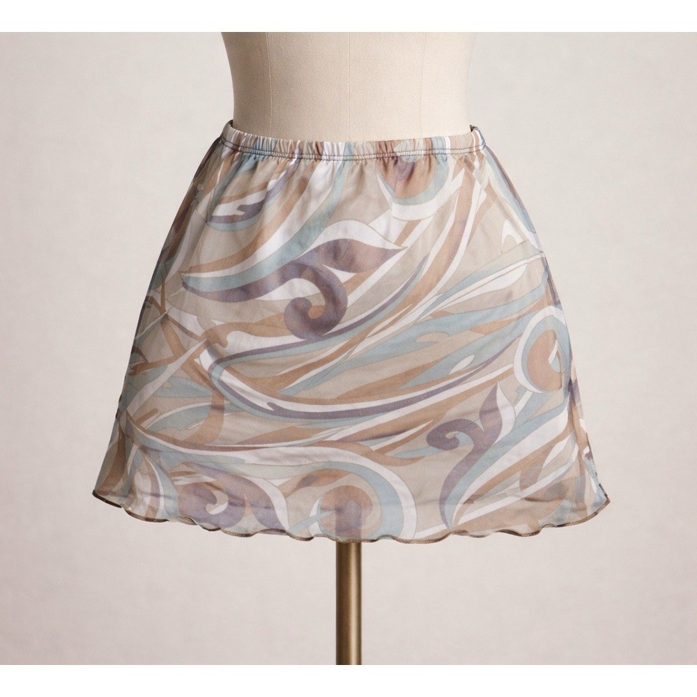 Y2K Mesh Mini Skirt Abstract Swirl Print Stretch Waist Retro Clubwear XS S‎